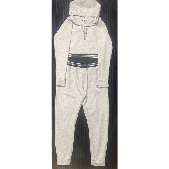 SikSilk Women's Cropped Jacket/Joggers Set Sz 8 Gray Black & White Striped Logo - Picture 1 of 8